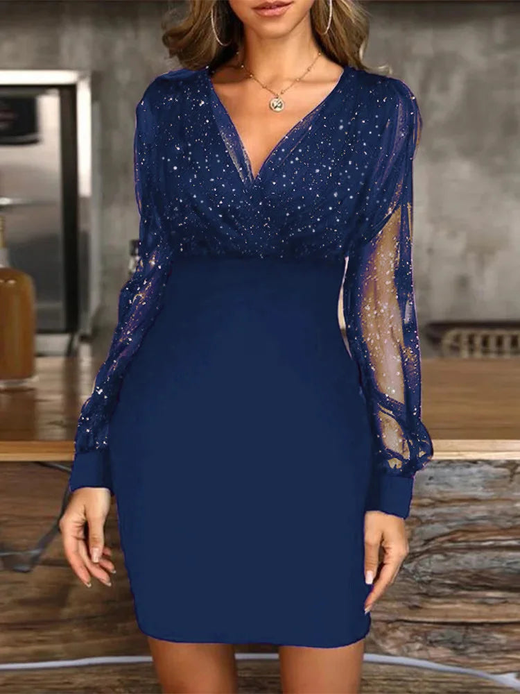 Sexy V-Neck See Through Long Sleeve Dress Women Spring Autumn Party Mini Dresses