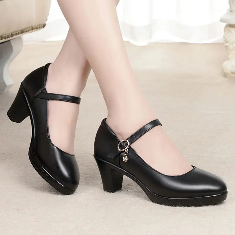 Women's Casual Round Head Chunky Heel Buckle High Heels