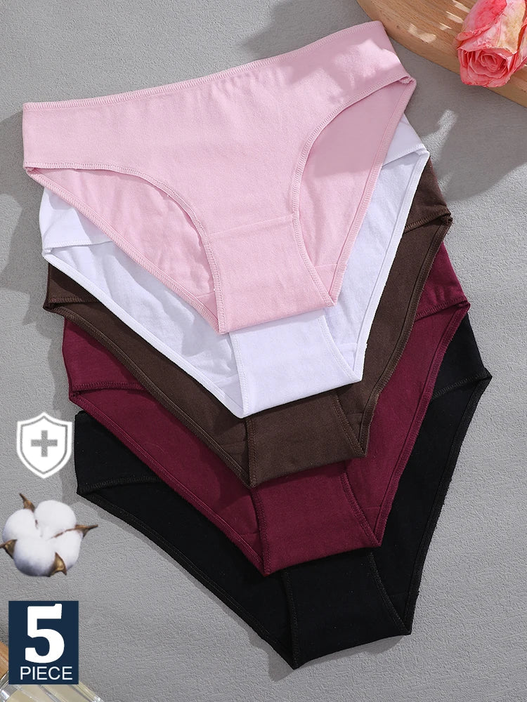 FINETOO 5PCS Set Women's Cotton Lingerie Panties S-XL Sexy Solid Color Underwear Briefs