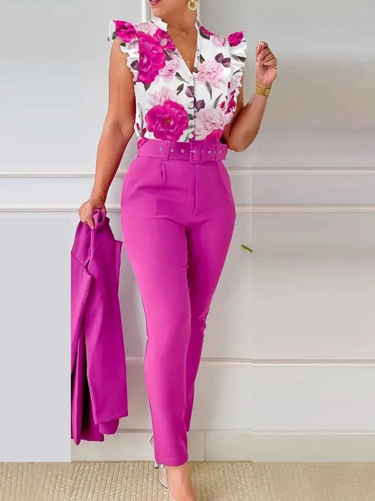 Women's Elegant 2-Piece Set – Printed Long Sleeve Shirt & High-Waist Pants, Casual Spring/Autumn Fashion