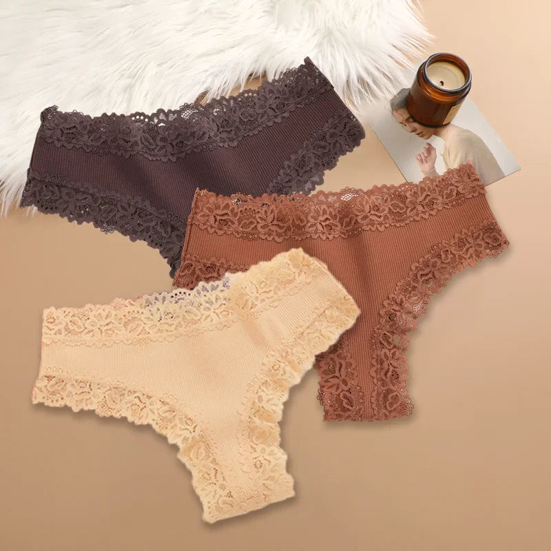 3PCS Women Cotton Lace Panties – Floral Patchwork Soft Briefs, Trendy Intimate Underwear Lingerie S-XL