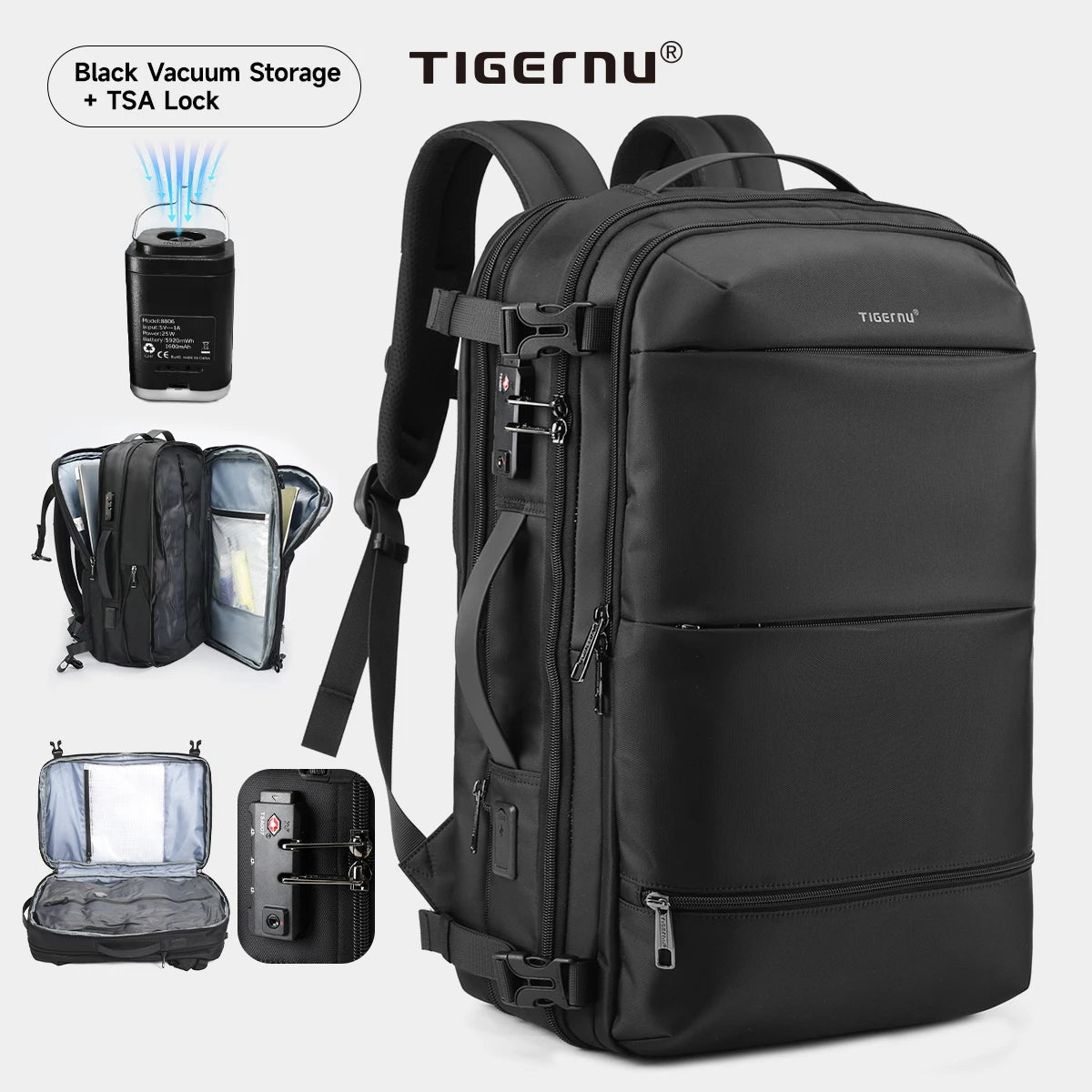 Tigernu Vacuum Compression Backpacks Men Travel Backpack Expandable USB Bag Large Capacity 17 Laptop Bags For Schoo Cabin Bags
