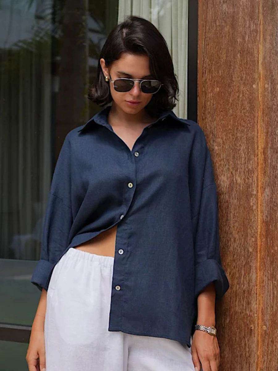 Bornladies 100% Cotton Spring Summer Versatile Lazy Casual Shirt Women's Fashionable Solid Color Loose Shirt Cardigan Shirt