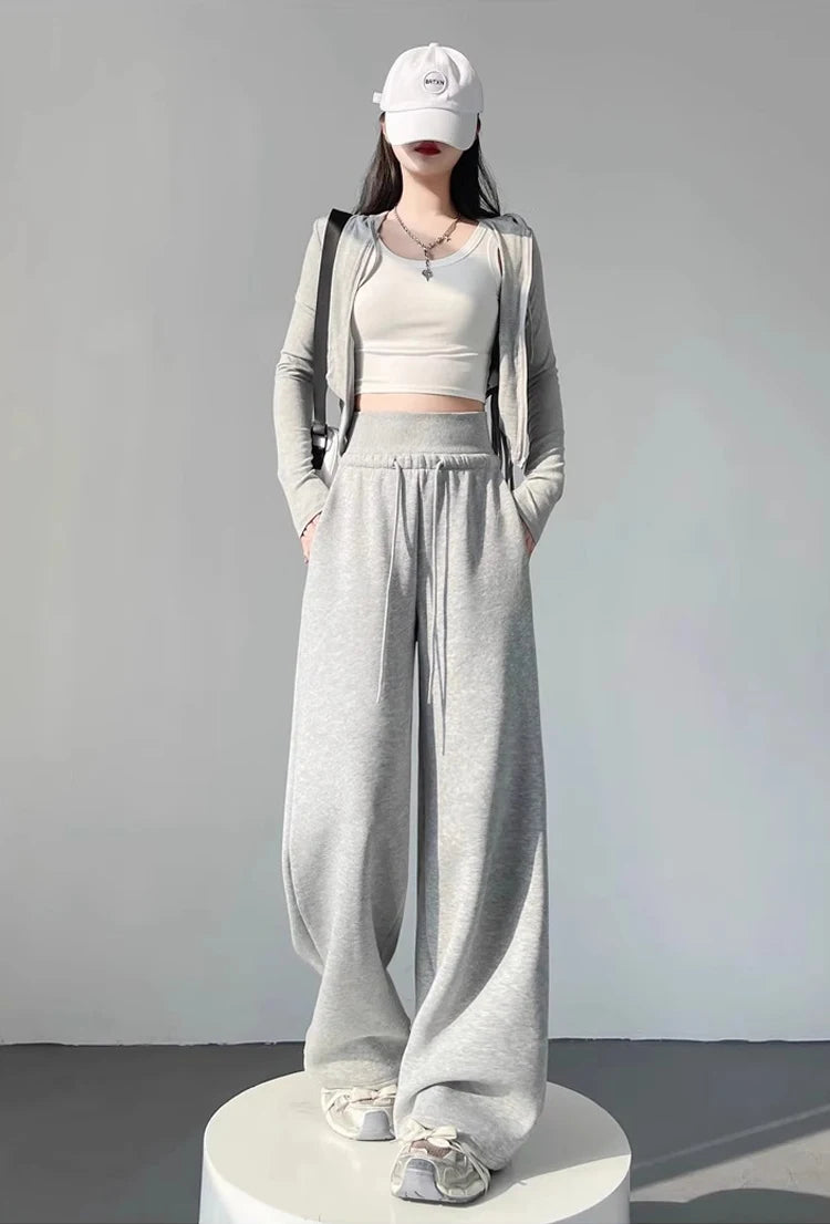 Gray High-Waist Loose Wide-Leg Straight Pants Women