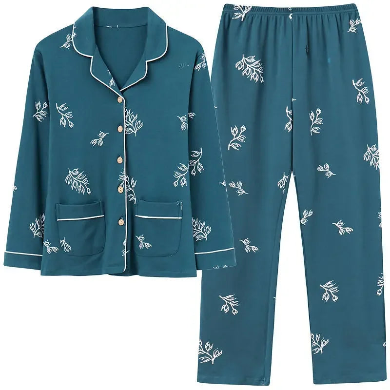 Autumn Women's 100% Cotton Long Sleeve Pajama Set Middle-aged Elderly Thin Cardigan Suitable For Home Wear