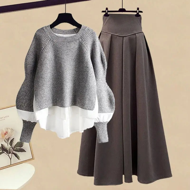 Elegant Splice Pullover Set/Two Piece Knitted Sweater Dress/Matching Chic Pullover Skirt Set.