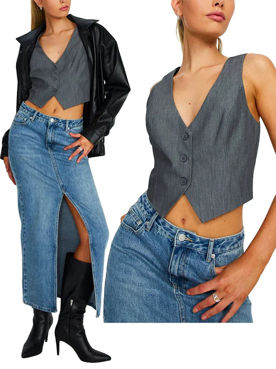 Women's Fashion Black Sleeveless Vests Casual V Neck Button Waistcoat Formal Business Tuxedo Shirt Slim Fit Cropped Blazer Vests