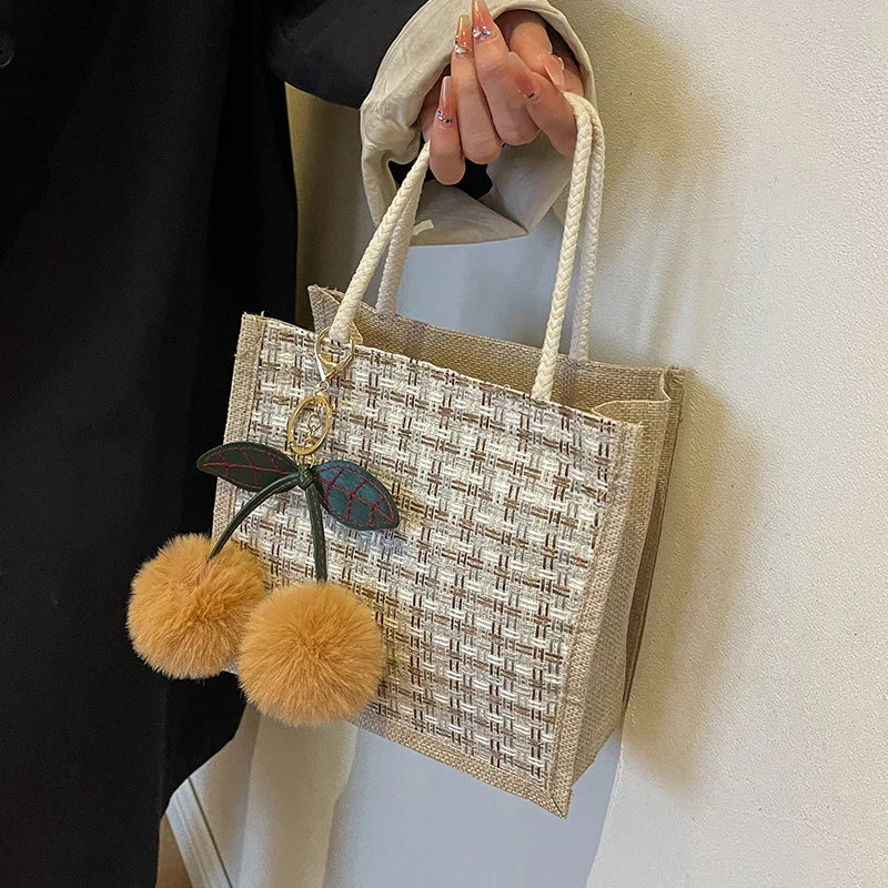 Retro Braided Pattern Jute Tote Bag Large Capacity Grocery Bag Women Handbag Beach Organizer Portable Shopping Bag Lunch Bag