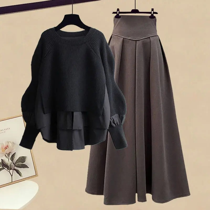 Elegant Splice Pullover Set/Two Piece Knitted Sweater Dress/Matching Chic Pullover Skirt Set.