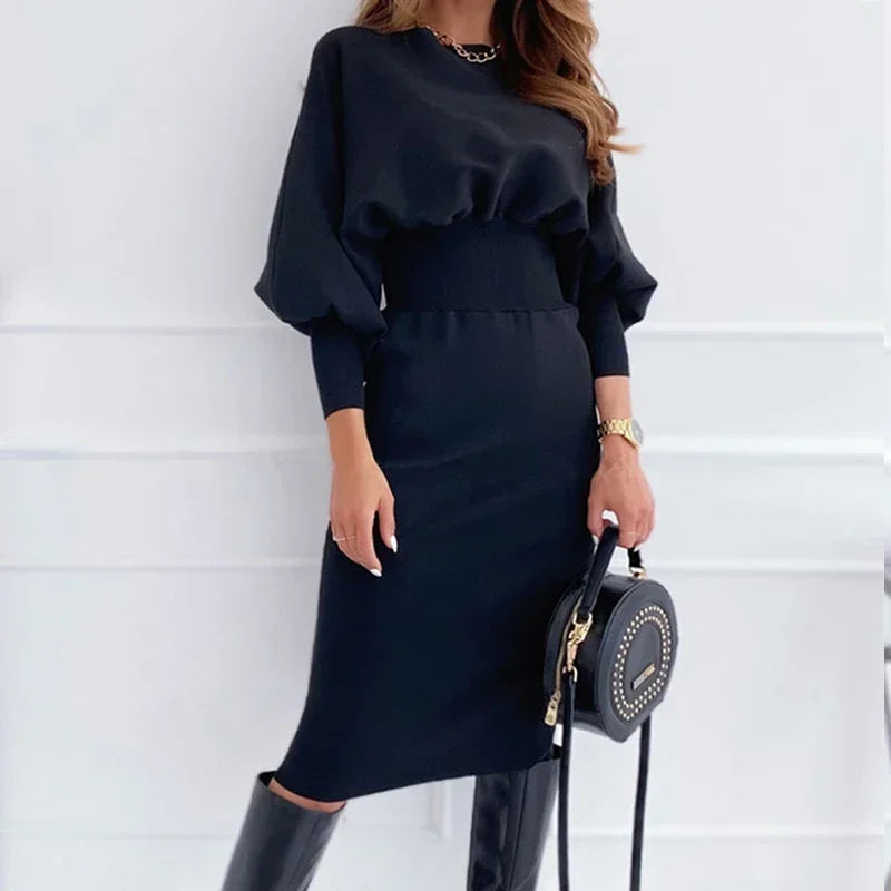 Women Elegant Office Lantern Sleeve Party Dresses Ladies O Neck Bodycon Dress Autumn Winter Solid  Midi Dress 2024 Vestidos