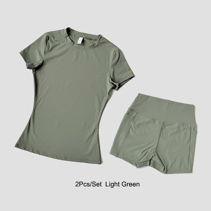 Women's Sports Set Seamless Knitted Short Sleeve