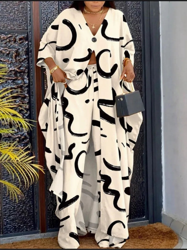 Spring Summer New Women's V-neck Loose Long Sleeved Top Letter Printing Fashion Casual Open Front Women's Pants Set