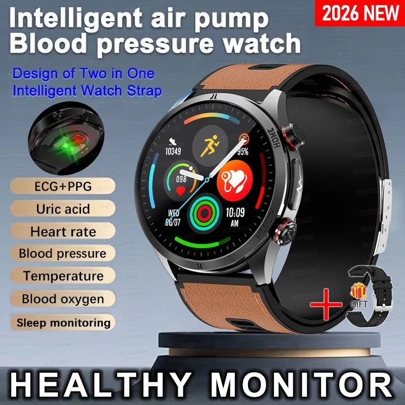 2026New Sapphire glass Air Pump Air Bag Smart Watch Health Clock Men Blood Pressure Uric Acid Call Health Tracker NFC Smartwatch