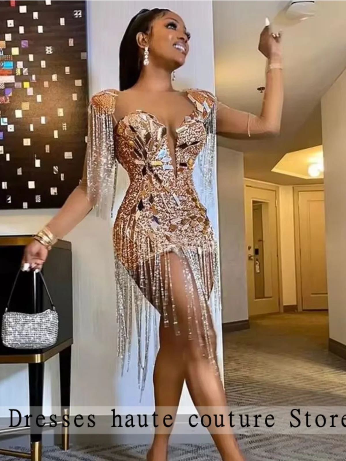 Short Golden Prom Dresses Luxury Black Girls Beaded Crystal