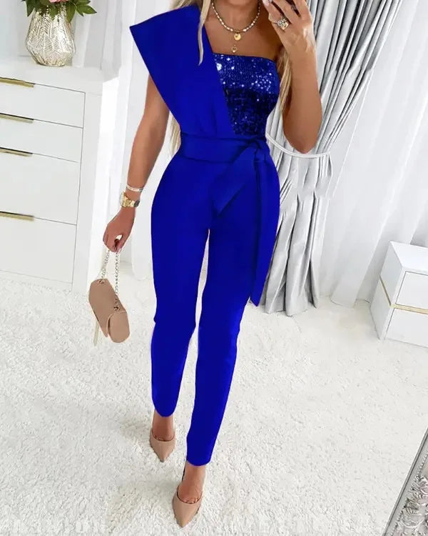 Women’s Jumpsuit Wedding Guest Elegant Sequins One Shoulder Bodycon