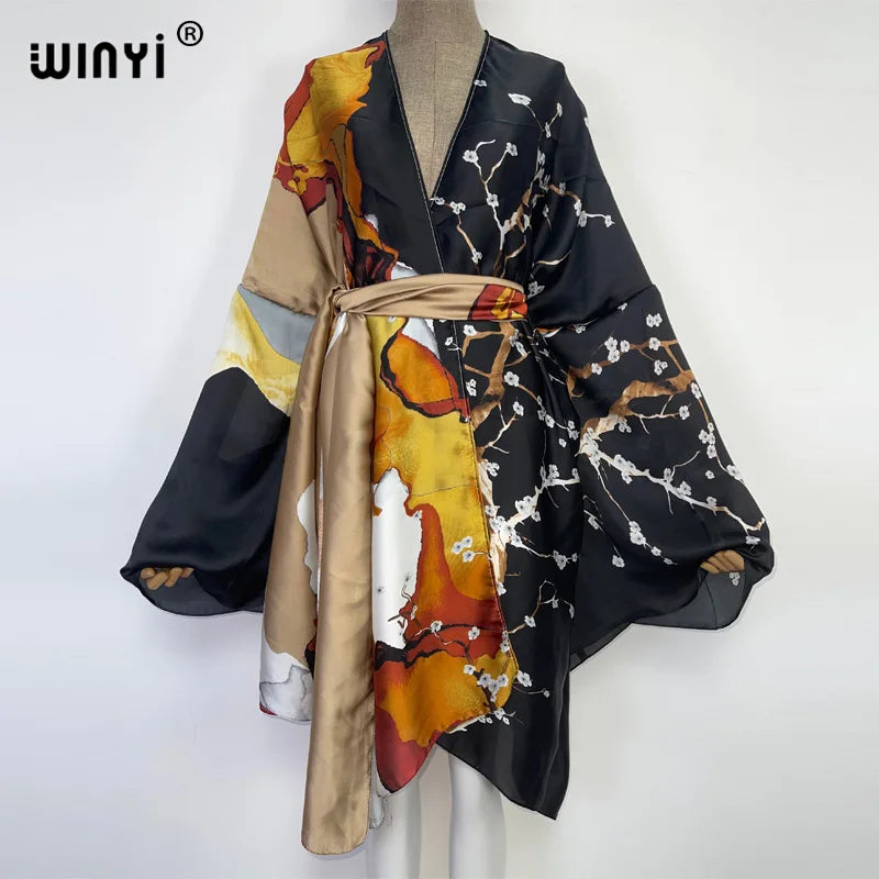 WINYI Summer Beach Wear Swim Suit Cover kaftan sweet lady boho Cardigan stitch Self Belted sexy Holiday long Sleeve Kimono