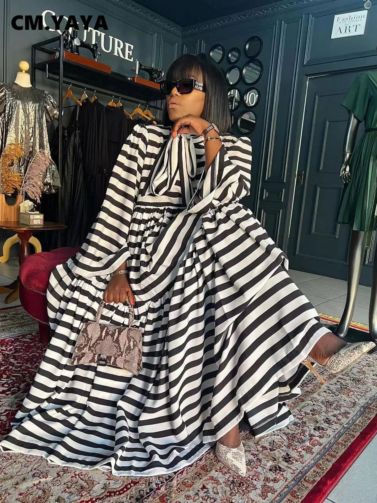 Vintage Women Striped Bowknot Collar Long Sleeve High Waist Big Swing Babydoll Maxi Long Dress New Vestidos Dresses