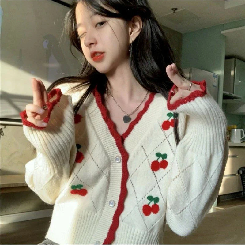 Women’s V-Neck Cherry Knit Cardigan – Long Sleeve Spring & Autumn Sweater