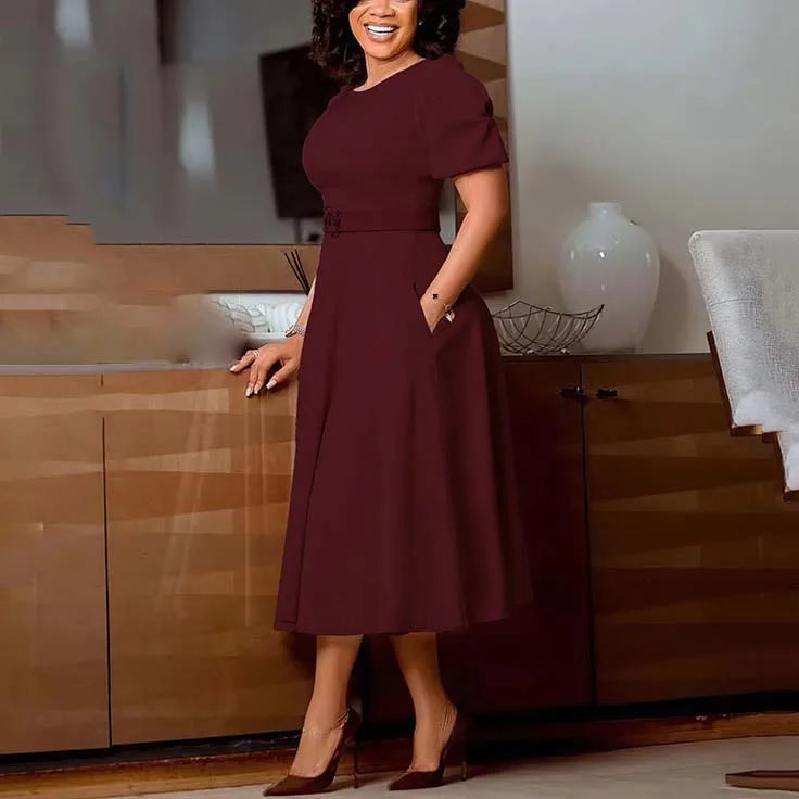 Elegant African Dresses For Women O Neck Short Sleeve Belt Waisted Pleated Mid Calf Fashion Female Birthday Party Dinner Dress