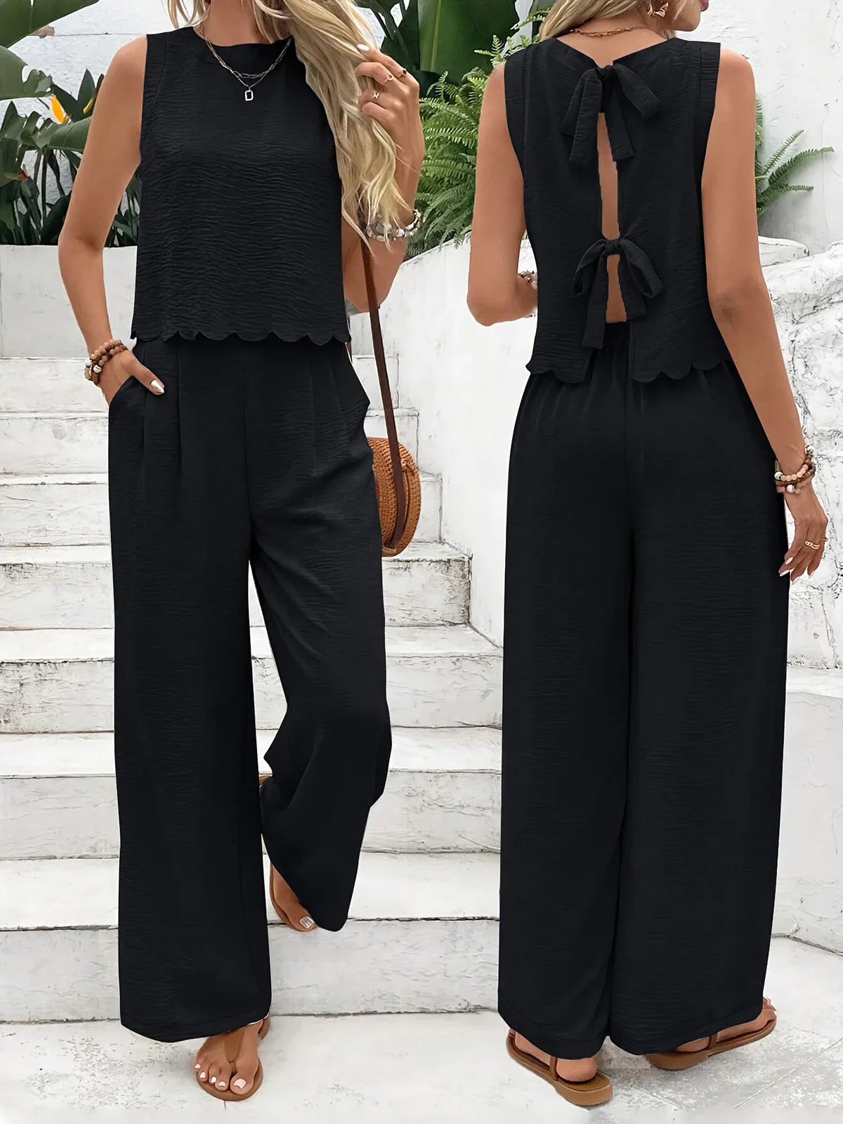 Casual set, wide pants, sleeveless blouse, open back with tie, detail on the hem of the blouse