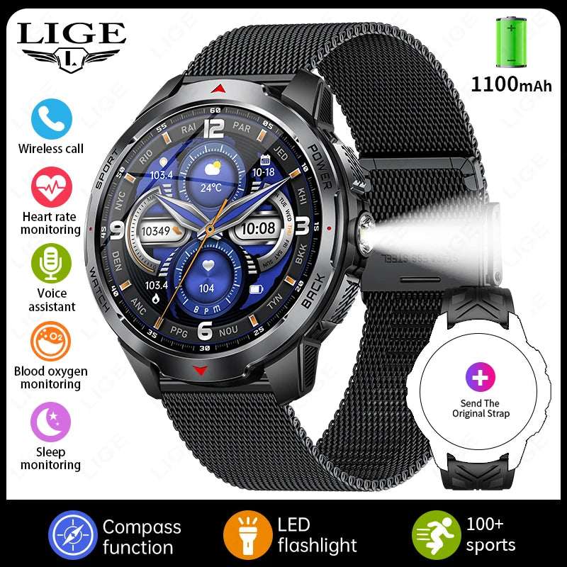 LIGE Men Smart Watch 1100mAh Large Battery 3ATM Waterproof Bluetooth Call Heart Rate Sleep Monitor Flashlight Sports Smartwatch