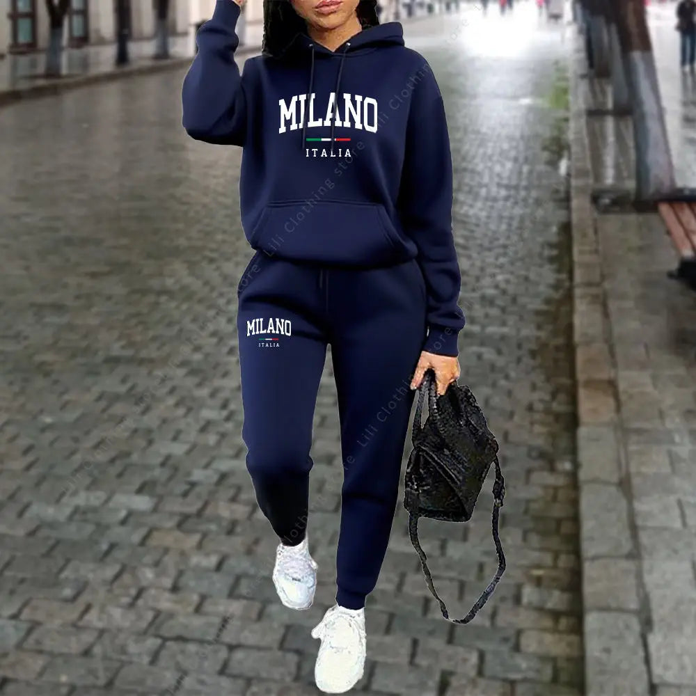 Autumn Winter Women's Sets 2pcs Hoodies Pants Suit Sports Outfits MILANO Letter Print Aesthetic Clothes Ladies Tracksuit