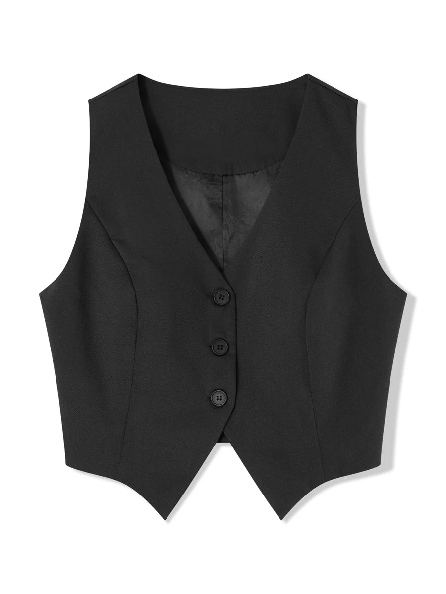 Women's Fashion Black Sleeveless Vests Casual V Neck Button Waistcoat Formal Business Tuxedo Shirt Slim Fit Cropped Blazer Vests