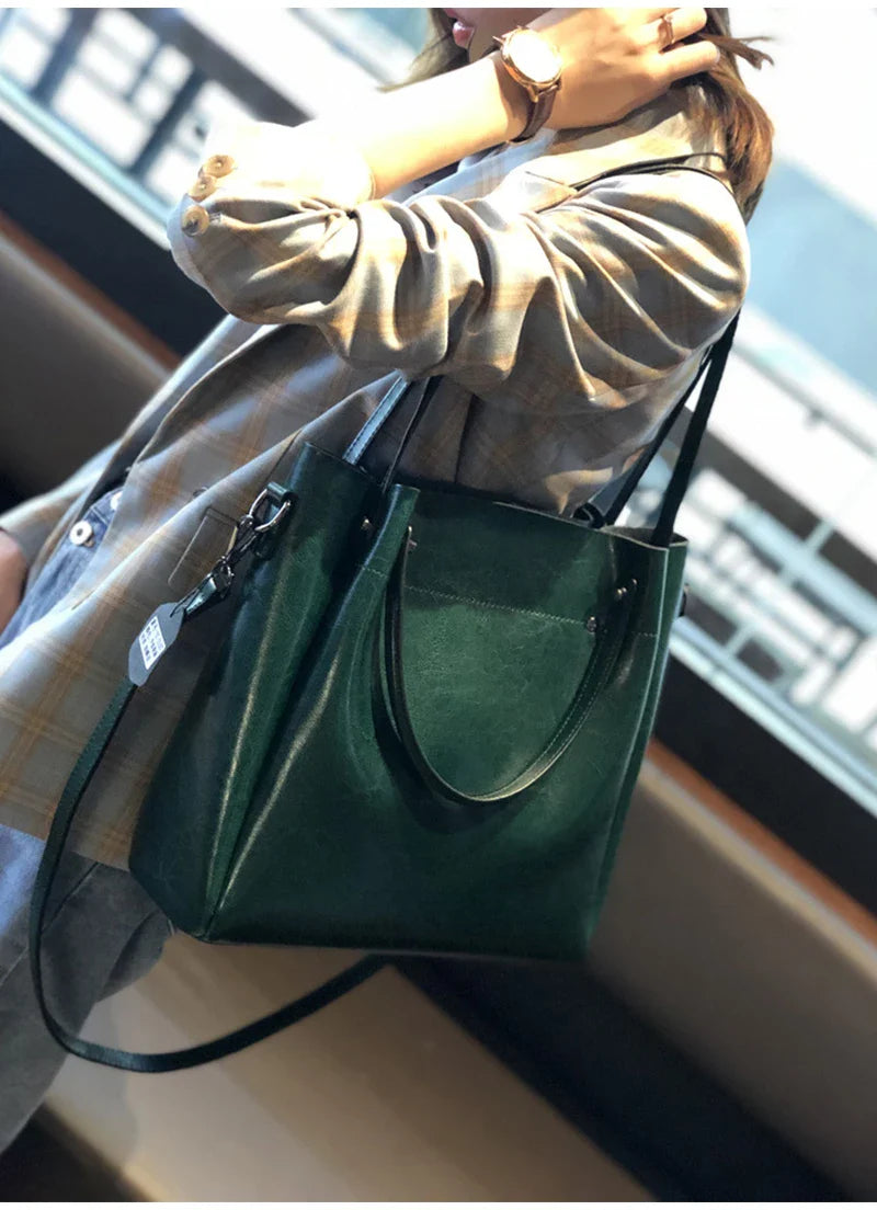 Vintage Cow Leather Shoulder Tote – Women’s Ruched Handbag