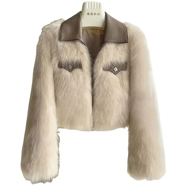 Women’s Faux Fox Fur Short Coat – Chic Korean Style Polo