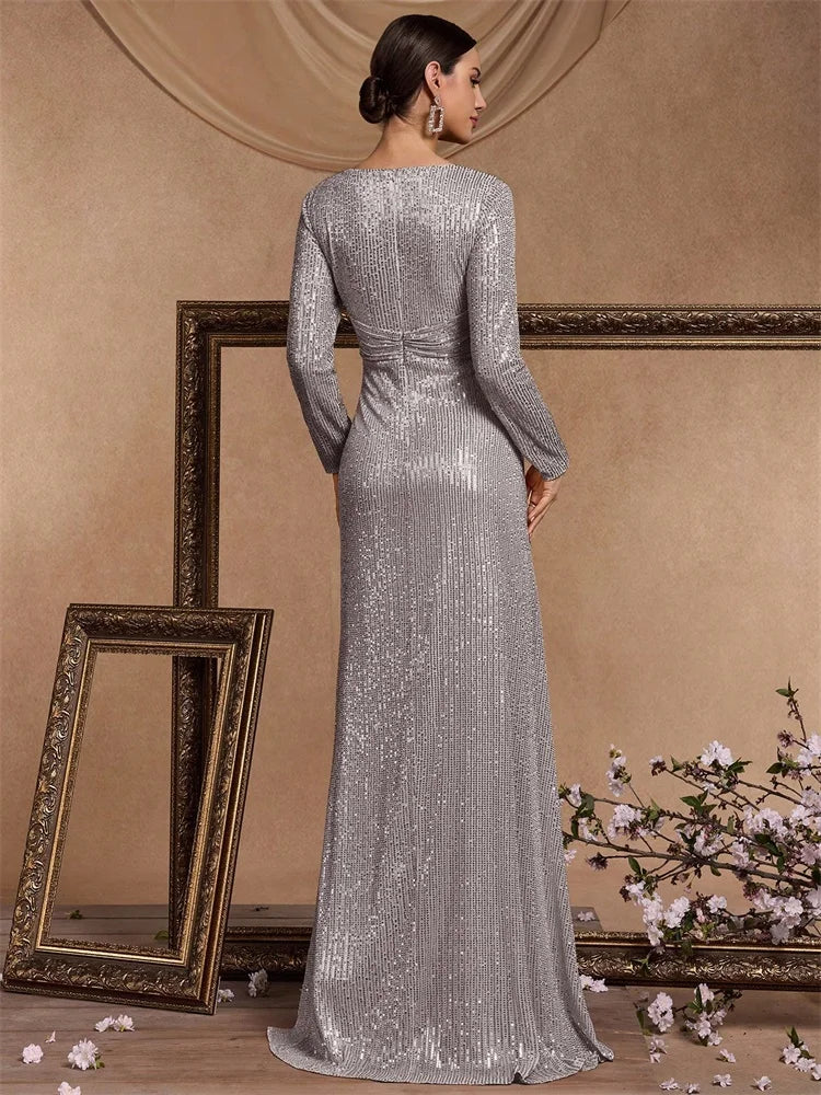 Silver Lumina Draped Sequin Evening Gown