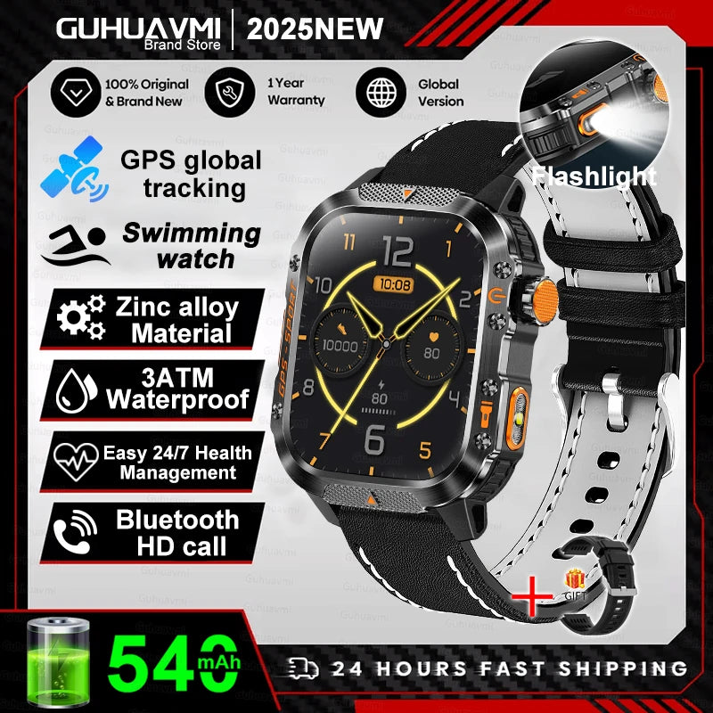 2025New GPS Smart Watch For Xiaomi IOS Military Compass Flashlight Smartwatch Men 10ATM Waterproof 100+Sport Modes BT Call Watch