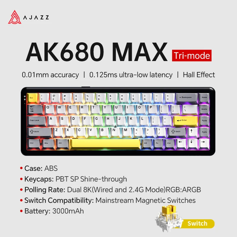 AJAZZ AK680 MAX Mechanical Keyboard HE Hall Effect Switch 60% 8k/1K RGB Wired/Wireless