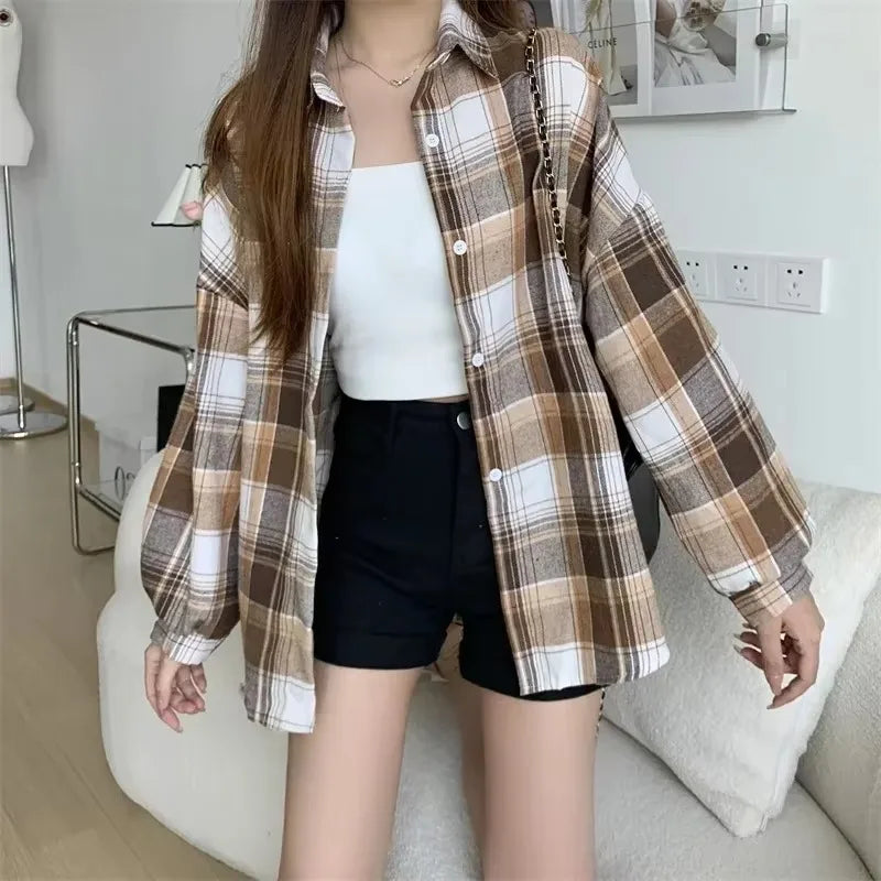 Women’s Plaid Shirt – Autumn Long Sleeve Vintage Loose Blouse, Casual Preppy Style Check Top