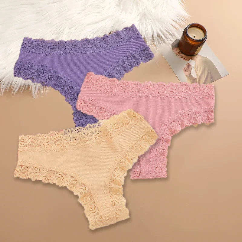 3PCS Women Cotton Lace Panties – Floral Patchwork Soft Briefs, Trendy Intimate Underwear Lingerie S-XL