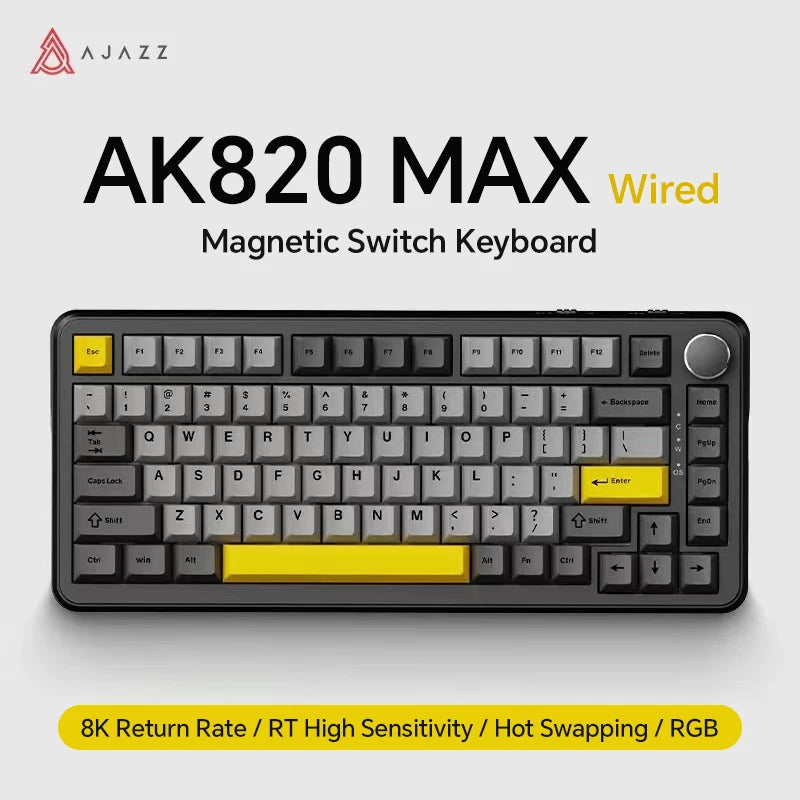 Ajazz AK820 MAX 75% Mechanical Keyboard, Magnetic Keyboard with Screen and Knobs, RGB Bluetooth/Wired/ Wireless Gaming Keyboards