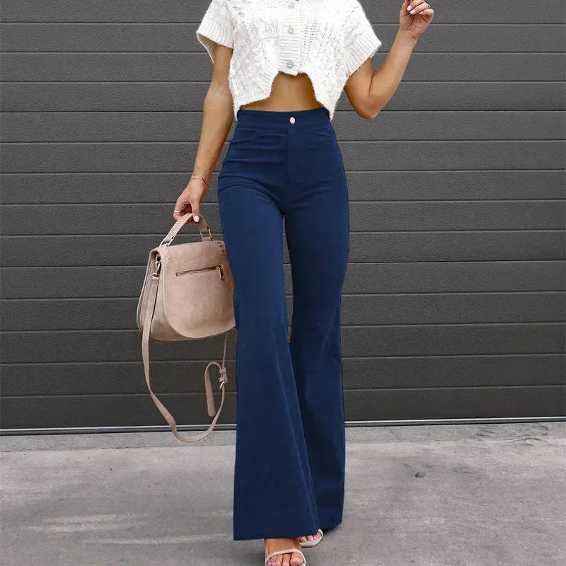 Women Corduroy Flared Pants Mid-Waist Slim Fit Bell-Bottom Trousers