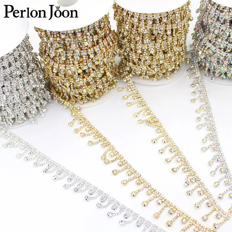 1 Yard Short tassel Pendant rhinestones trim fringe crystal metal chain  for dress,bag,shoes accessories