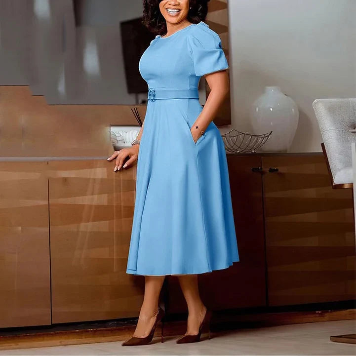 Elegant African Dresses For Women O Neck Short Sleeve Belt Waisted Pleated Mid Calf Fashion Female Birthday Party Dinner Dress