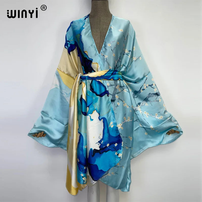 WINYI Summer Beach Wear Swim Suit Cover kaftan sweet lady boho Cardigan stitch Self Belted sexy Holiday long Sleeve Kimono