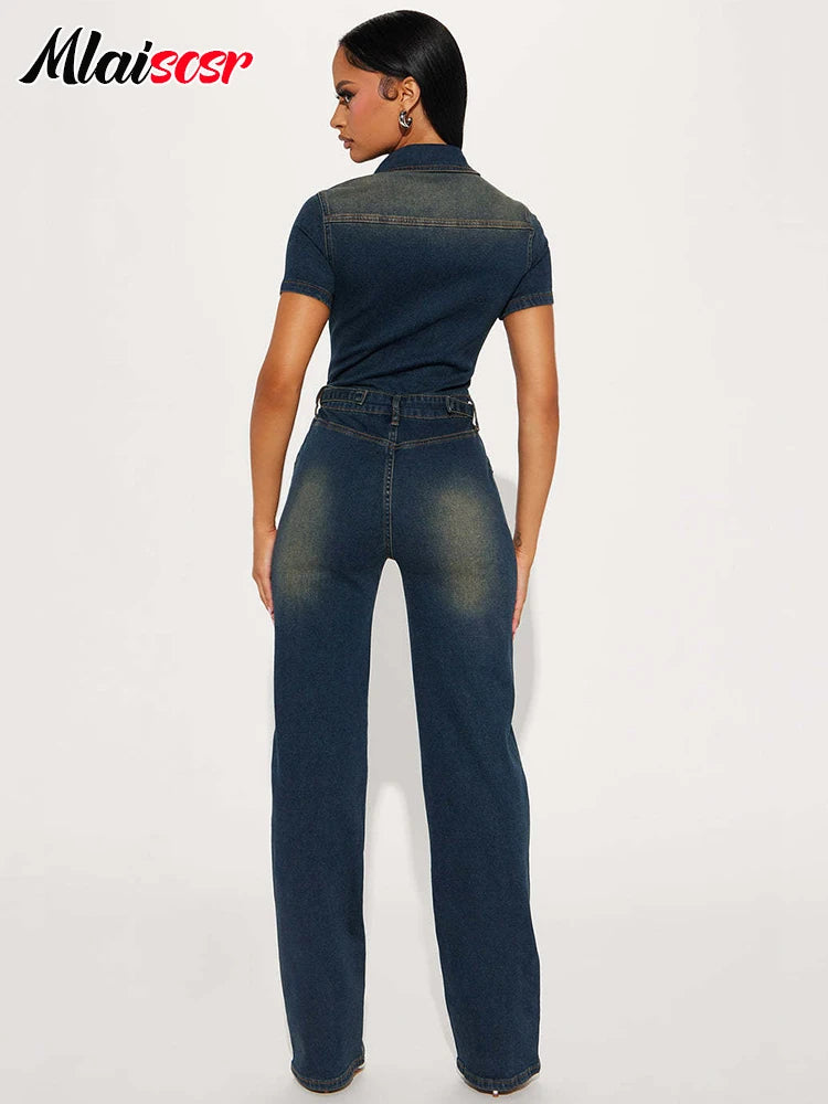 Mlaiscsr Stretch Denim One Piece Jumpsuits with Belt Women Clothes Winter Long Sleeve Lapel Washed Jean Romper Birthday Overalls