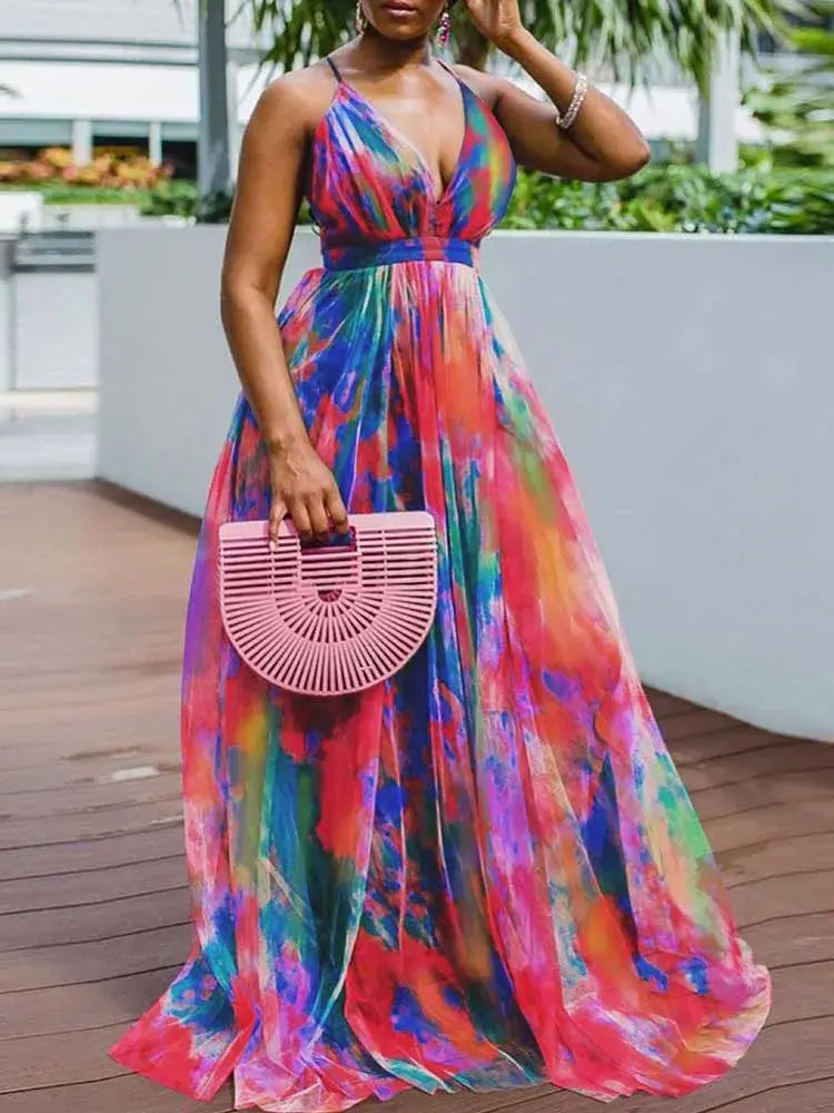 Plus Size Women Clothing 2xl 3xl 4xl 5xl Summer Sexy Evening Dresses Elegant and Beautiful Halterneck Long Dresses Mesh Hem