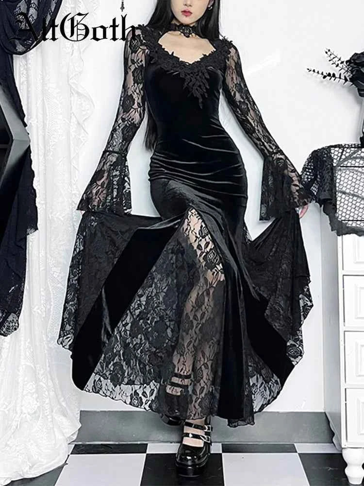 AltGoth Gothic Midi Dress - Elegant Lace Patchwork & Sheer Flare Sleeves, High-Waisted Clubwear for a Stunning Look