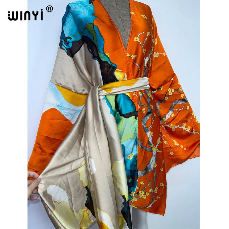 WINYI Summer Beach Wear Swim Suit Cover kaftan sweet lady boho Cardigan stitch Self Belted sexy Holiday long Sleeve Kimono
