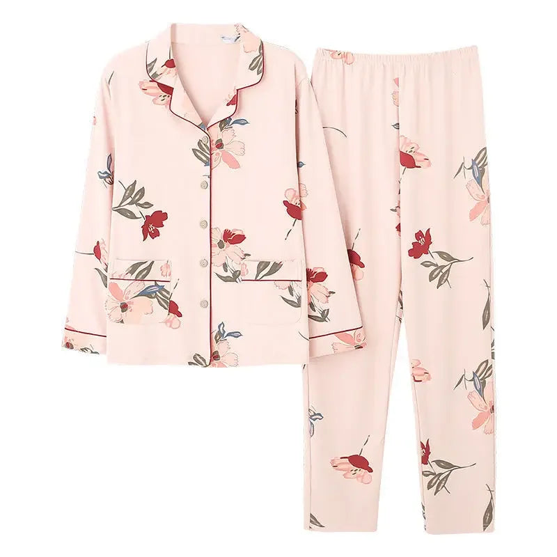 Autumn Women's 100% Cotton Long Sleeve Pajama Set Middle-aged Elderly Thin Cardigan Suitable For Home Wear