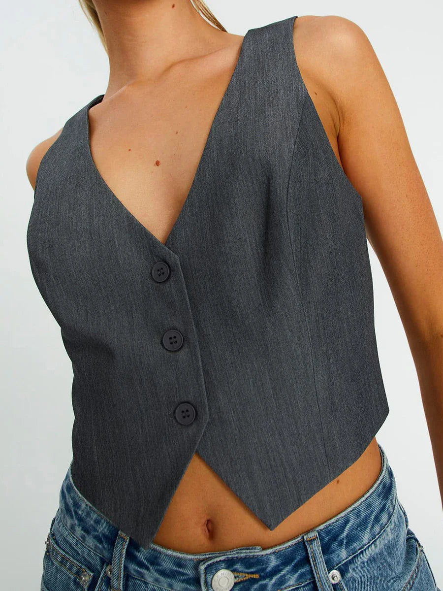 Women's Fashion Black Sleeveless Vests Casual V Neck Button Waistcoat Formal Business Tuxedo Shirt Slim Fit Cropped Blazer Vests
