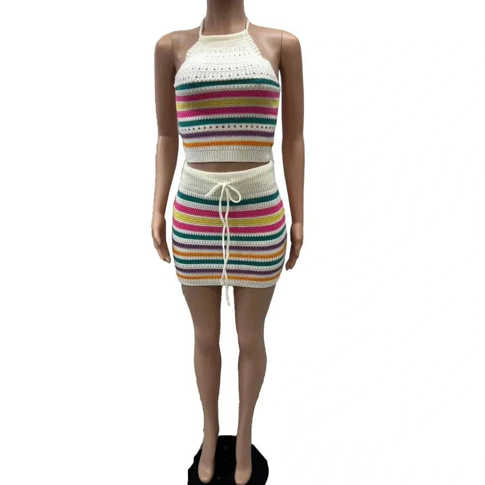 Vacation Outfits for Women - Two Piece Womens Halter Crop Top + Matching Skirt Set