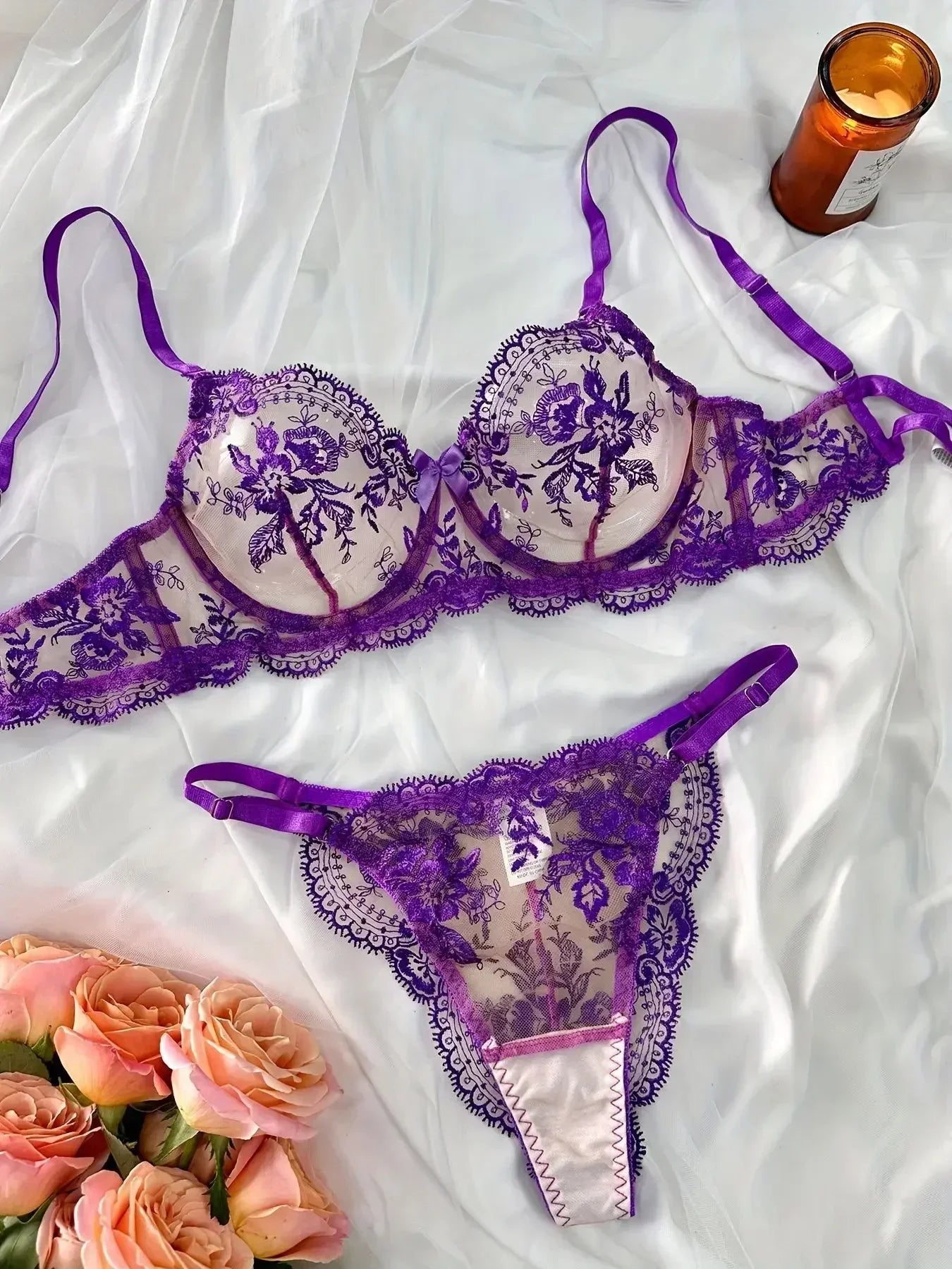 Floral Embroidered Mesh Lingerie Set