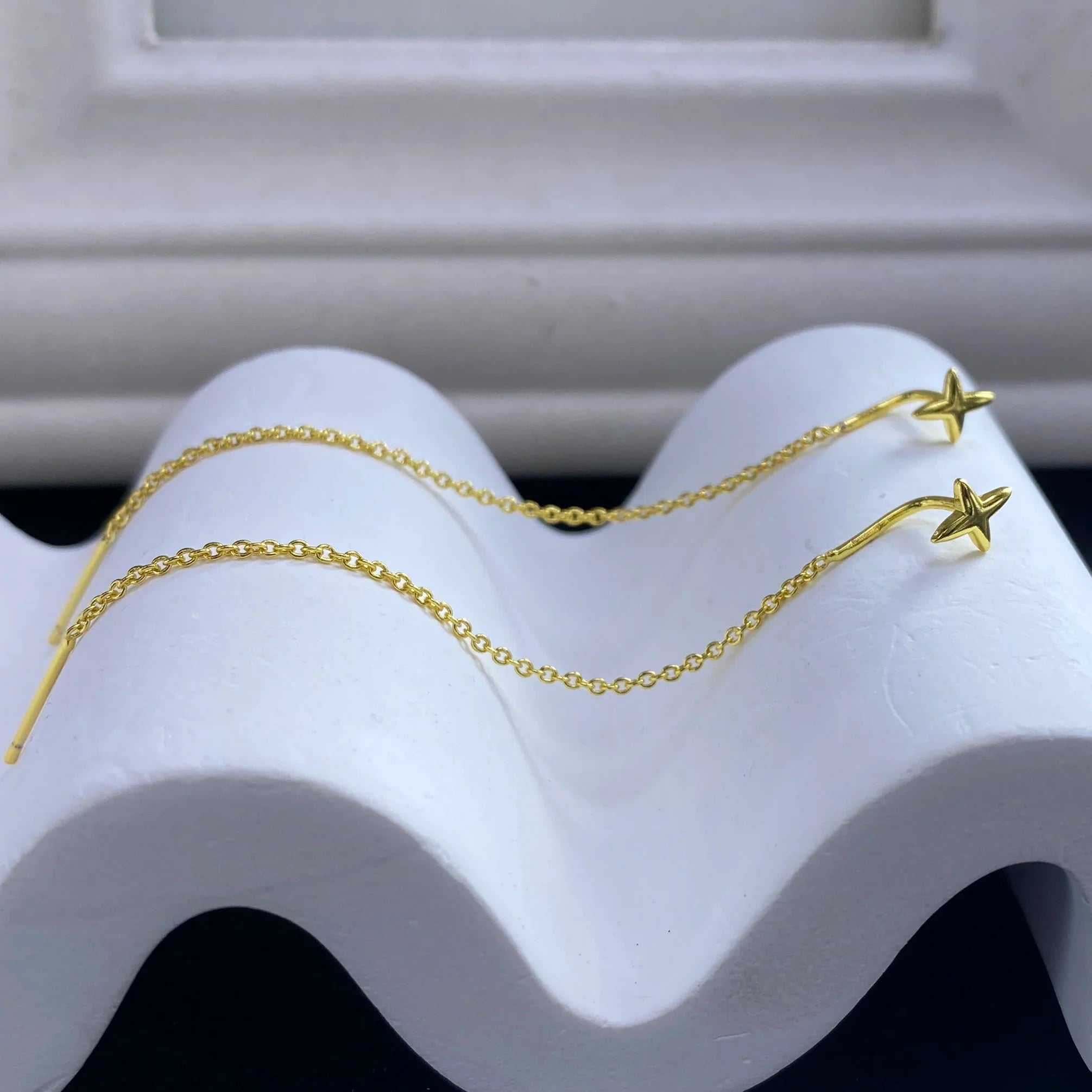 Sterling Silver Star Drop Earrings With Tassel Chain