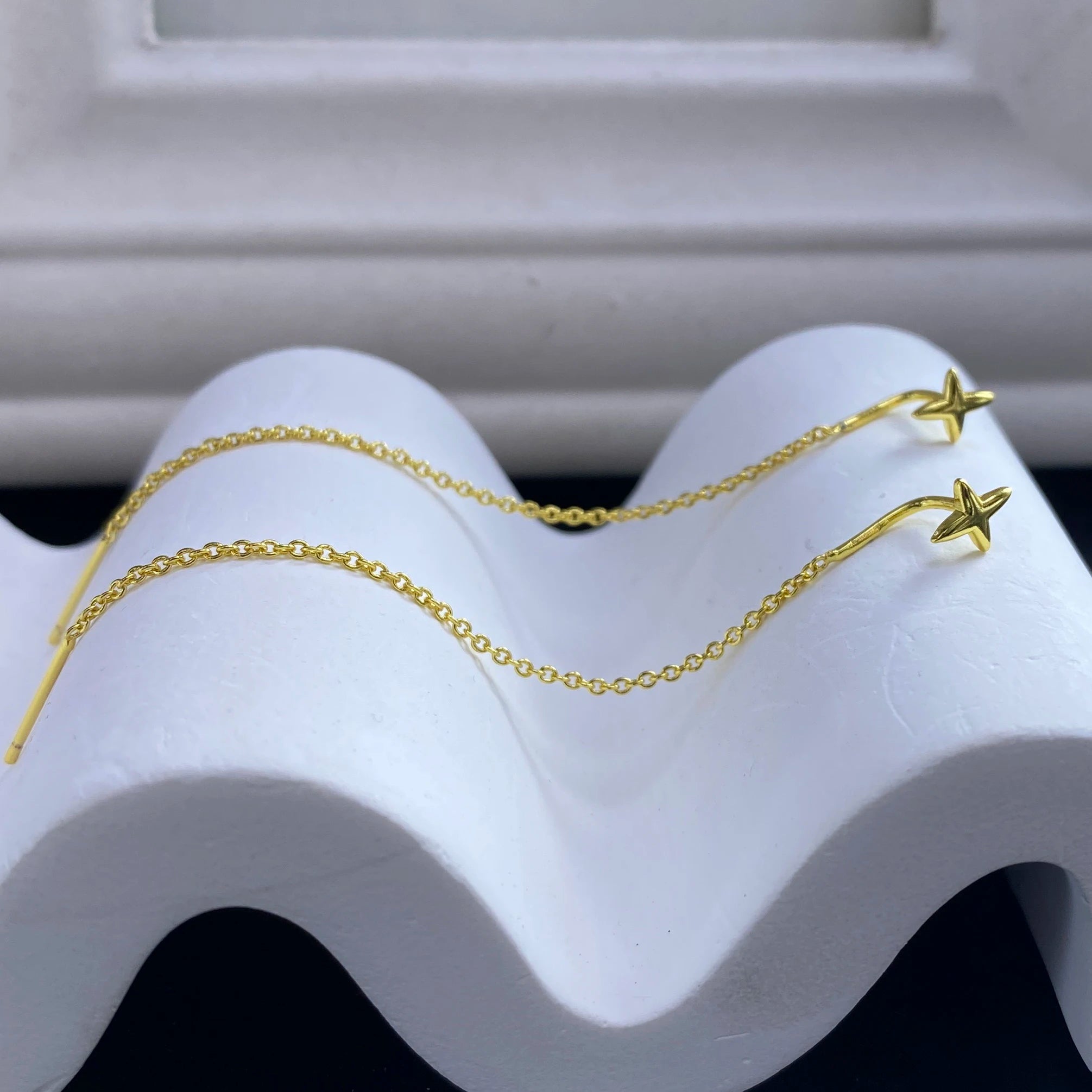 Sterling Silver Star Drop Earrings With Tassel Chain