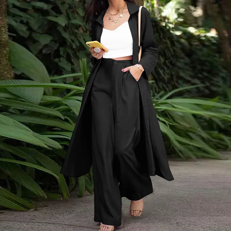 Women's Two Piece Pant Set With Wide Leg Pants And Long Sleeve Shirt